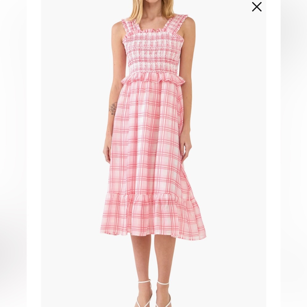 English Factory plaid ruffle midi dress in red - Picture 1 of 10